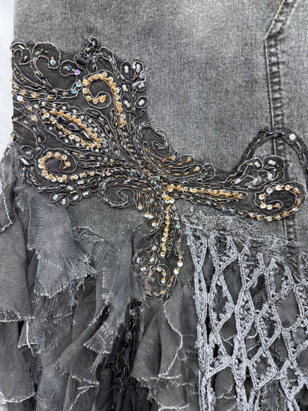Rossi Roma Italy designer embellished beaded black denim skirt Stevie Nicks - Picture 4 of 8